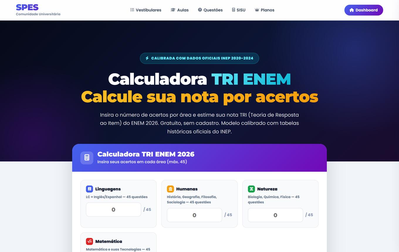 Calculadora TRI do ENEM por número de acertos em cada área