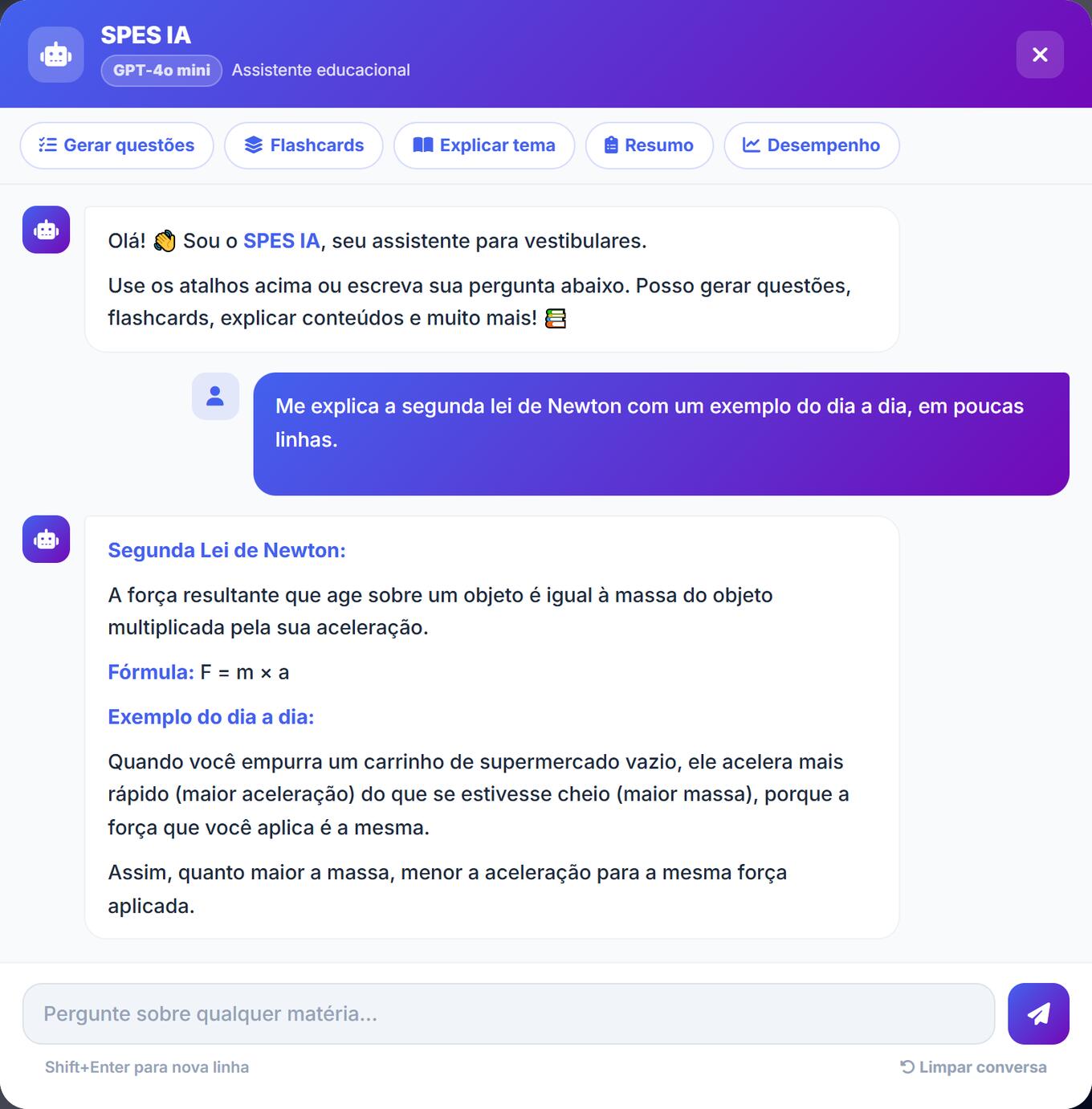 Chat IA SPES respondendo uma pergunta sobre a segunda lei de Newton com fórmula e exemplo