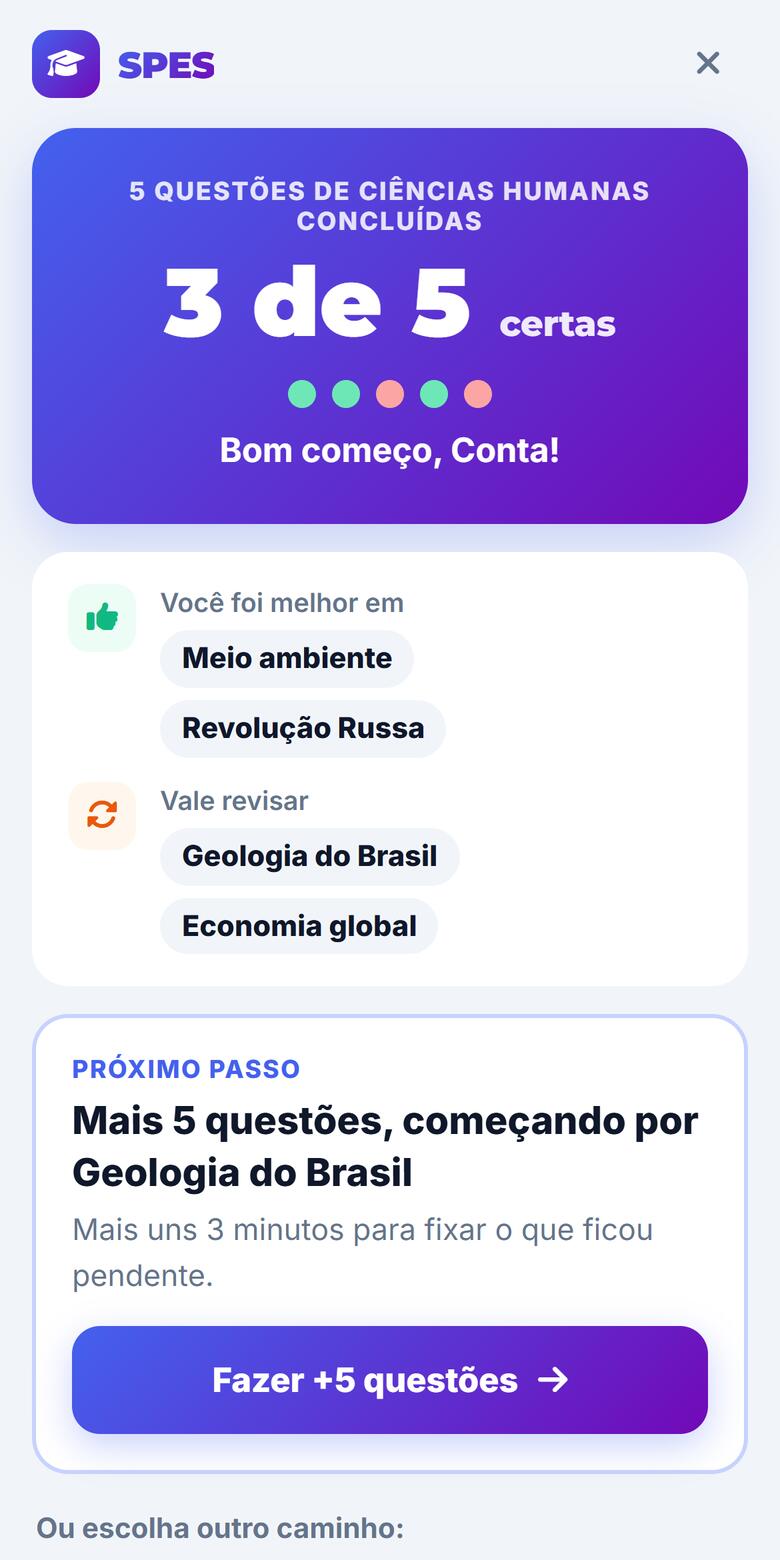 Resultado de uma missão no celular: 3 de 5 certas, temas para revisar e próximo passo