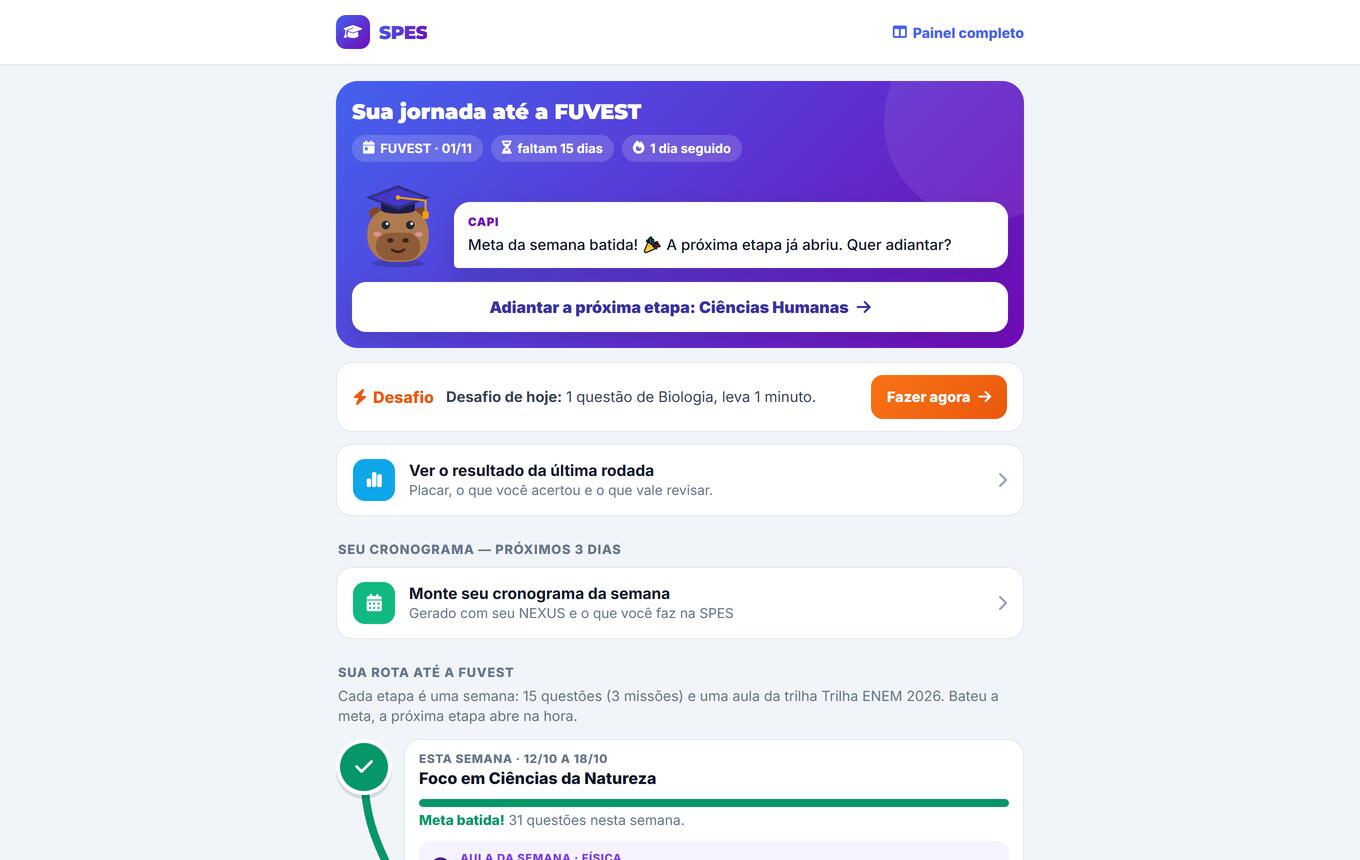 Página de missões com a rota semanal até a FUVEST, a meta batida e as aulas da semana