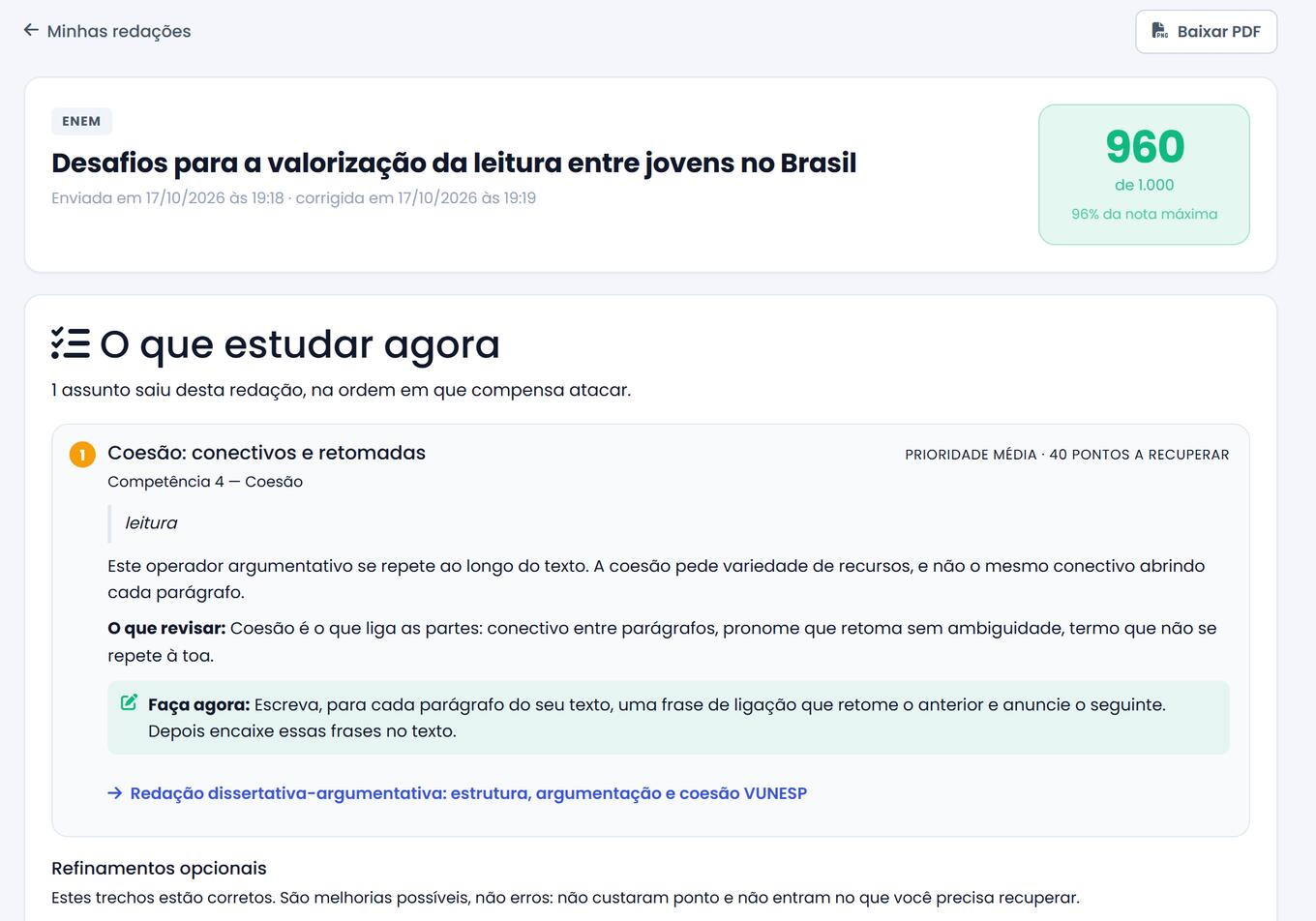 Redação de demonstração corrigida: 960 de 1.000 e a seção O que estudar agora