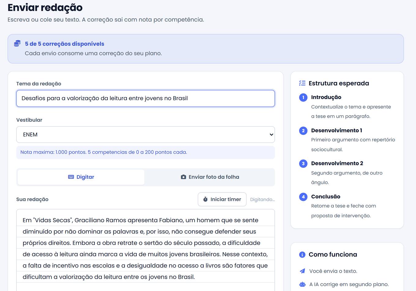 Envio de redação: tema, vestibular, digitar ou enviar foto da folha, com cronômetro opcional