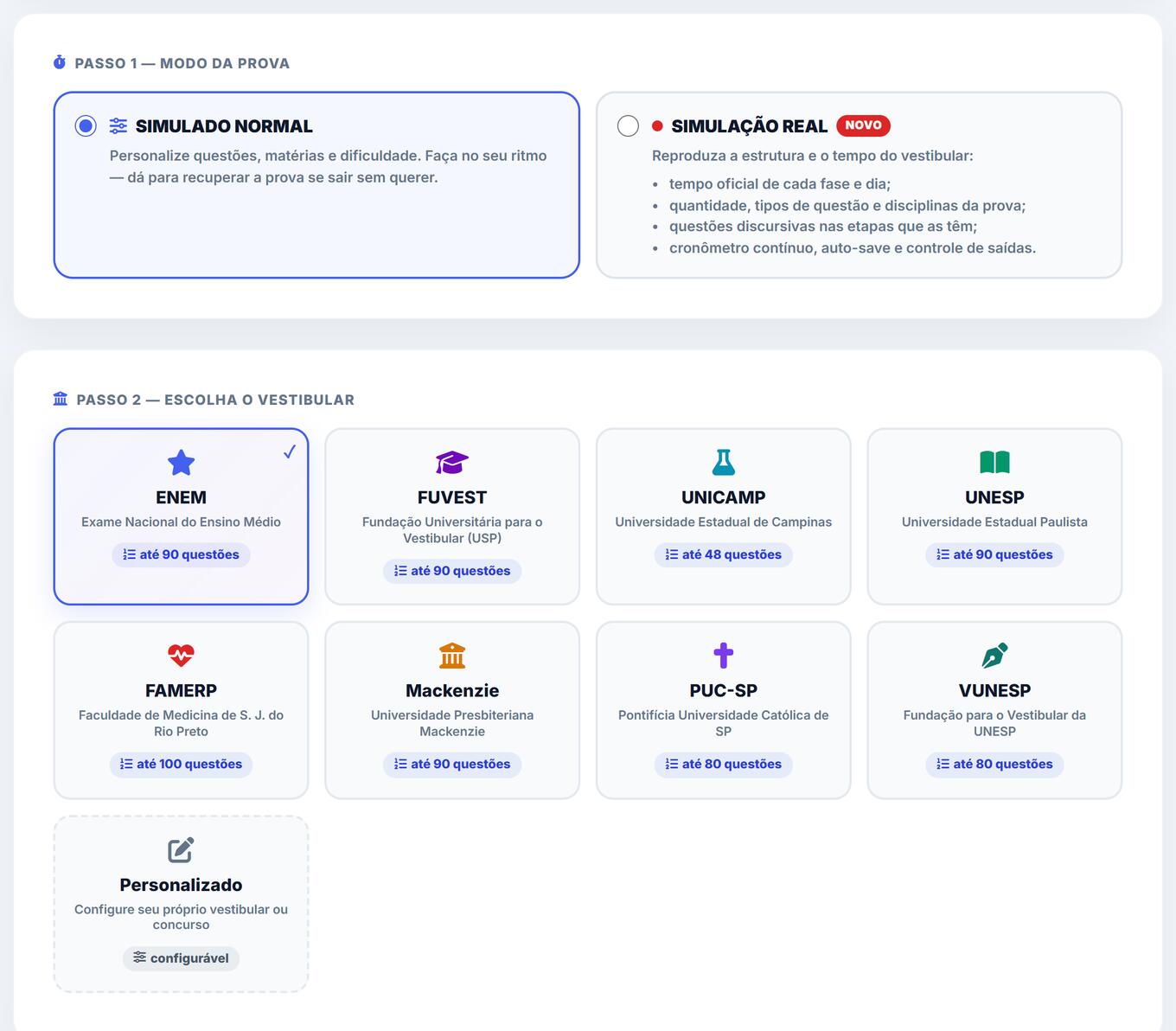 Montagem do simulado: modo normal ou simulação real, vestibular, área, dificuldade e quantidade