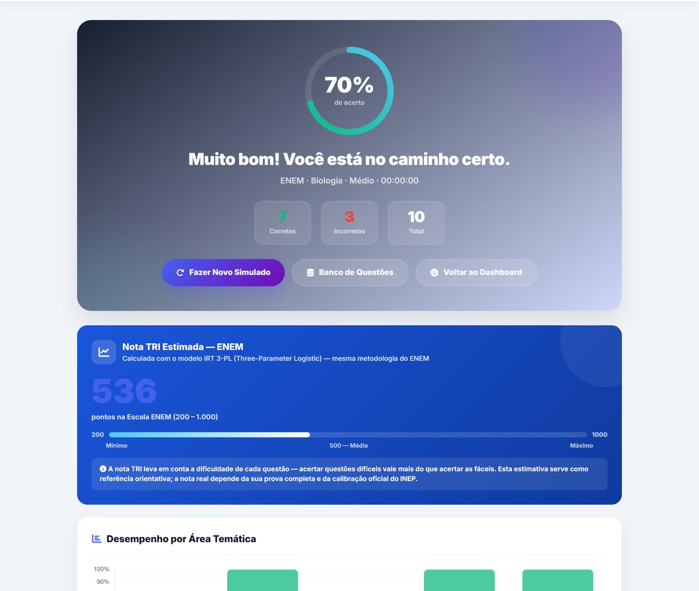 Resultado do simulado: 70% de acerto, 7 corretas de 10 e nota TRI estimada