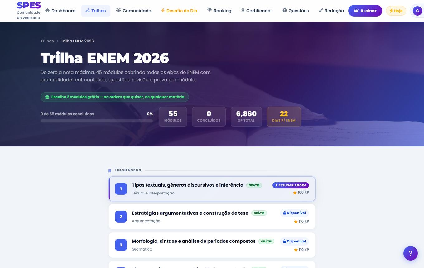 Trilha ENEM 2026 com a lista de módulos por matéria