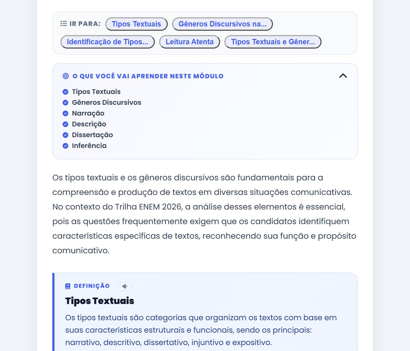 Conteúdo de um módulo de trilha: atalhos, o que você vai aprender, texto e quadro de definição